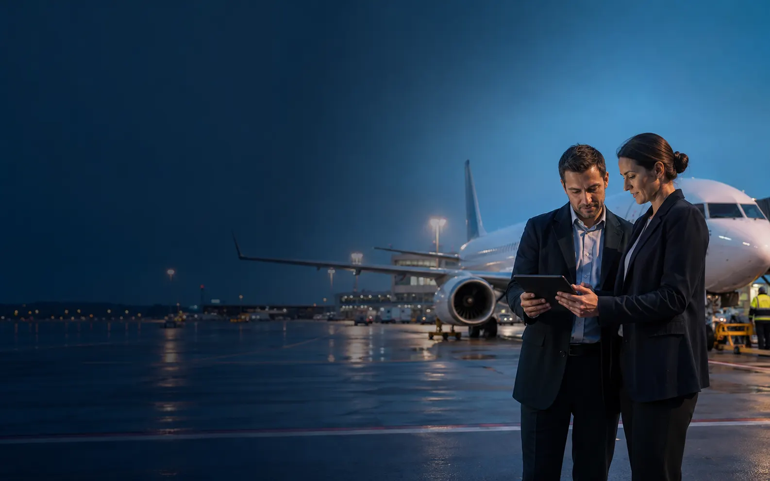 Aviation consultants working beside a commercial aircraft at dawn