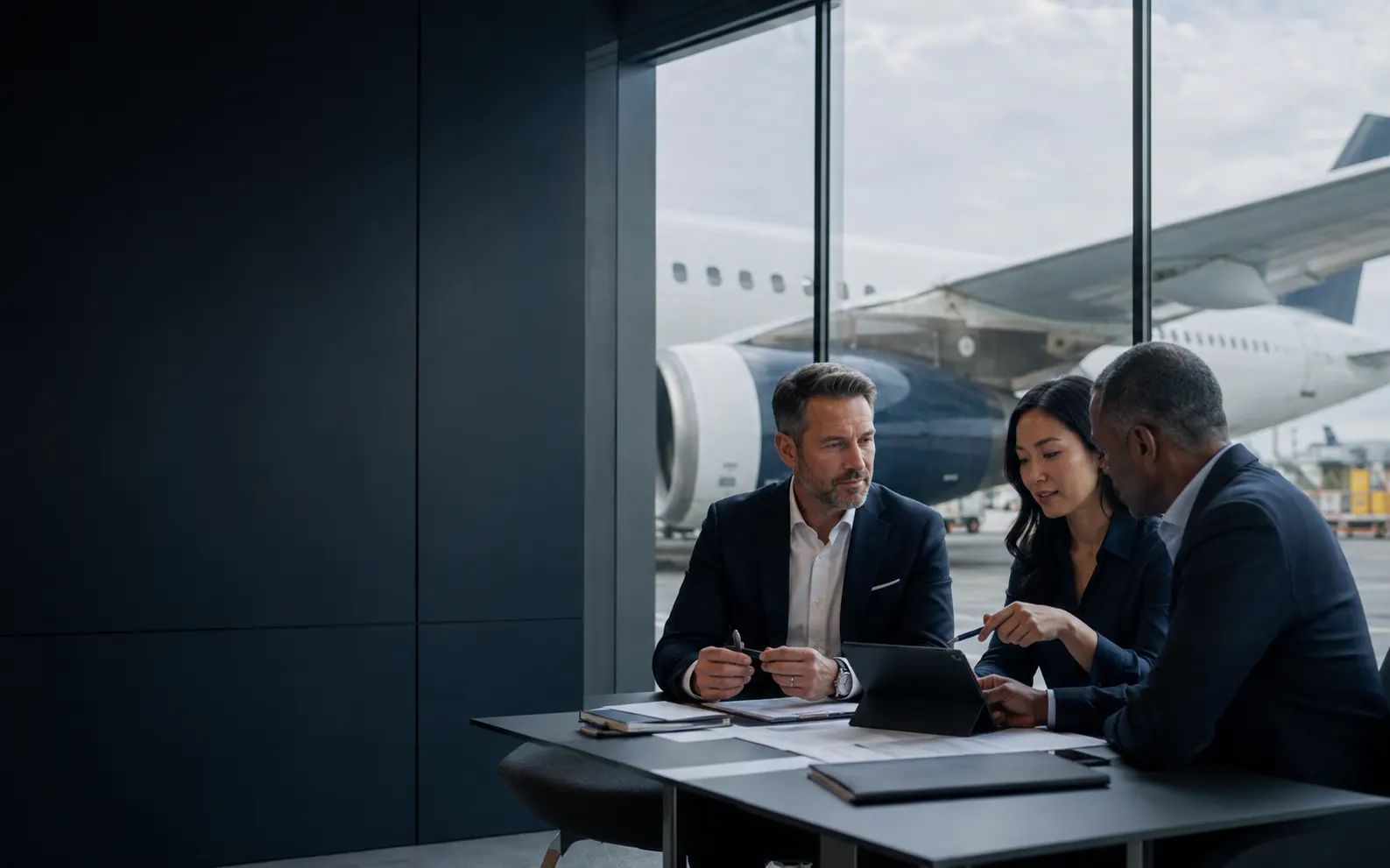 Aviation finance advisors meeting beside an airport apron