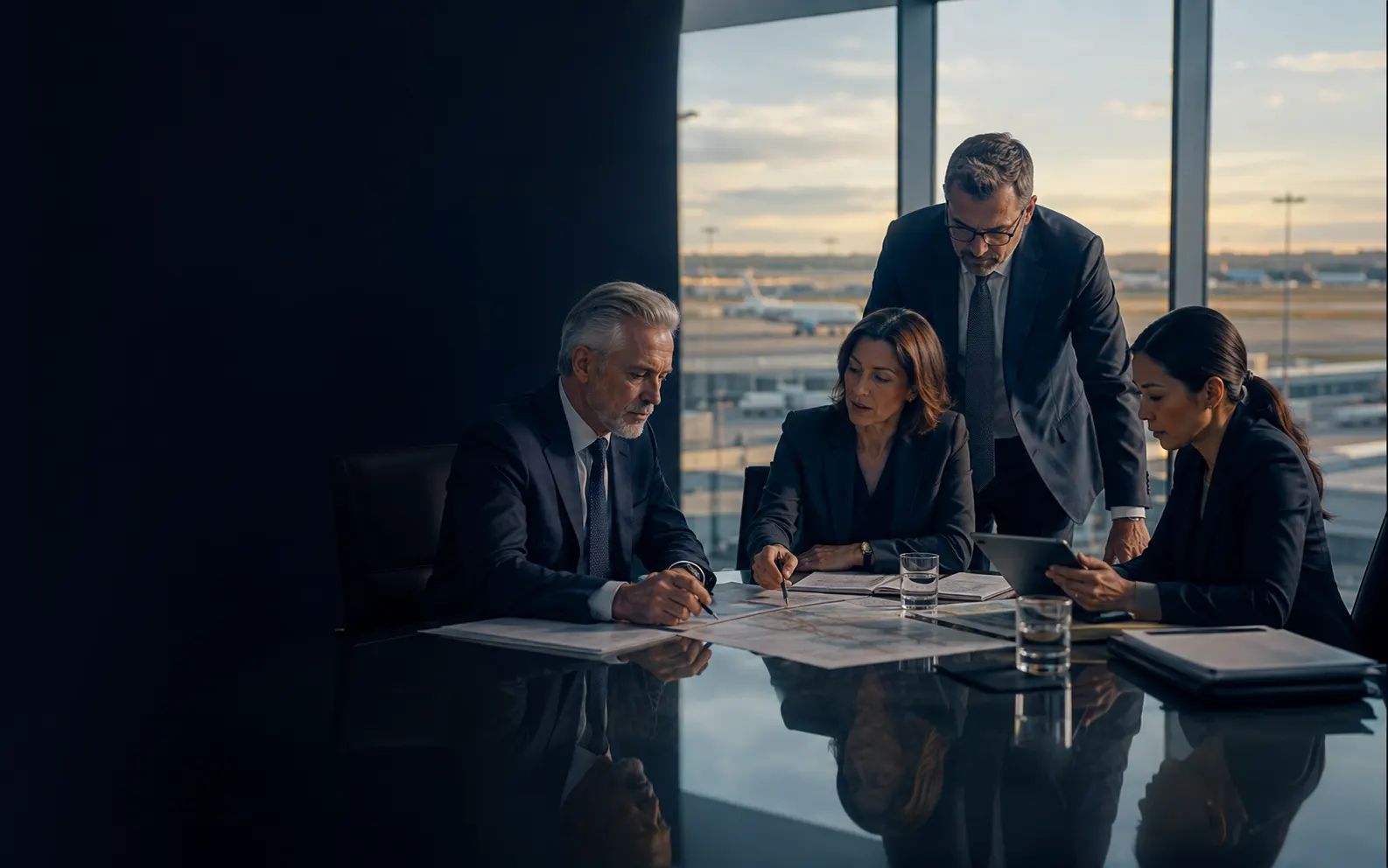 Aviation strategy team working in an airport boardroom